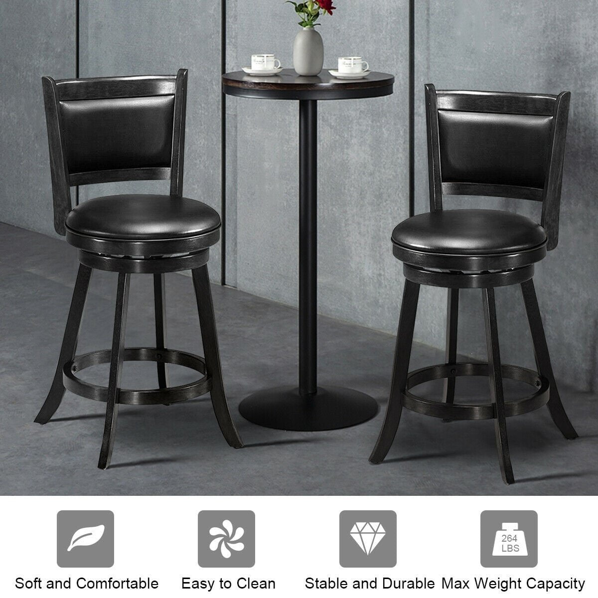 2 Pieces 24 Inches Swivel Counter Stool Dining Chair Upholstered Seat-Black view 3