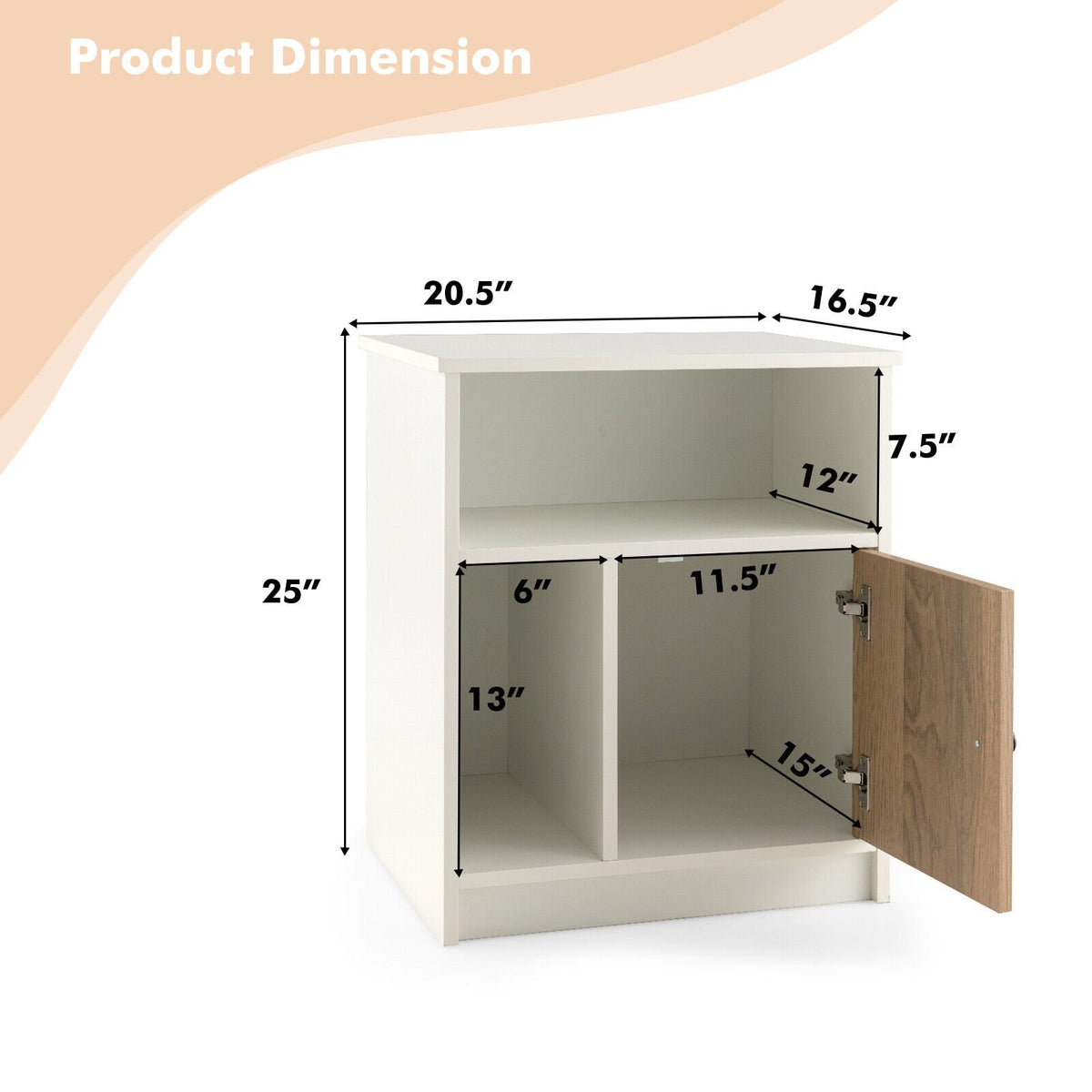 2 Pieces 25 Inch Tall Nightstands with Door and 2 Open Shelves-White view 4