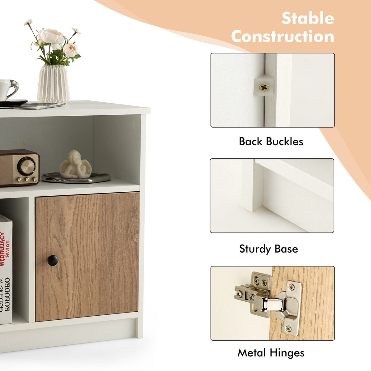 2 Pieces 25 Inch Tall Nightstands with Door and 2 Open Shelves-White view 5