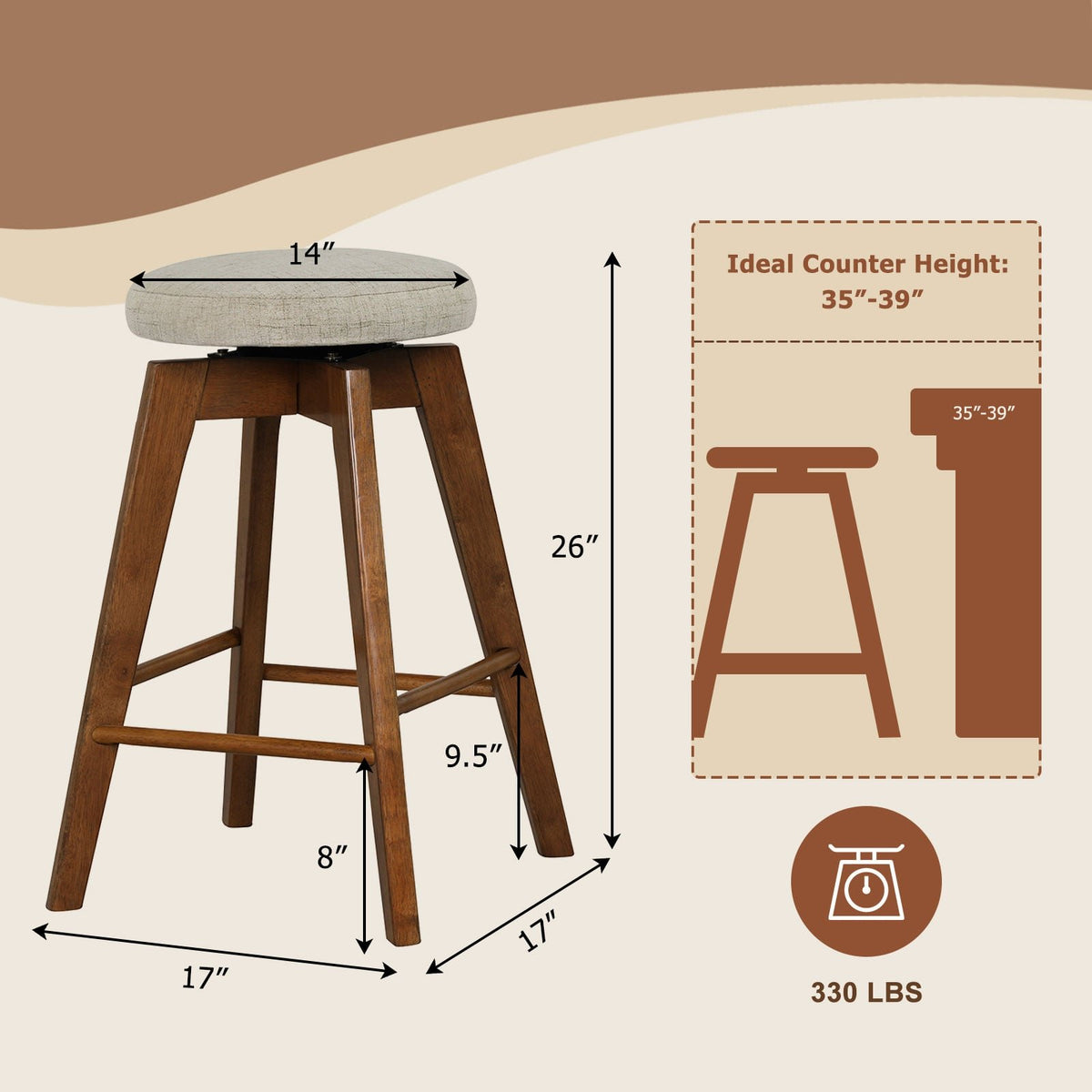 2 Pieces 26 Inch Backless Swivel Barstools with Linen Fabric Seat-Beige view 4
