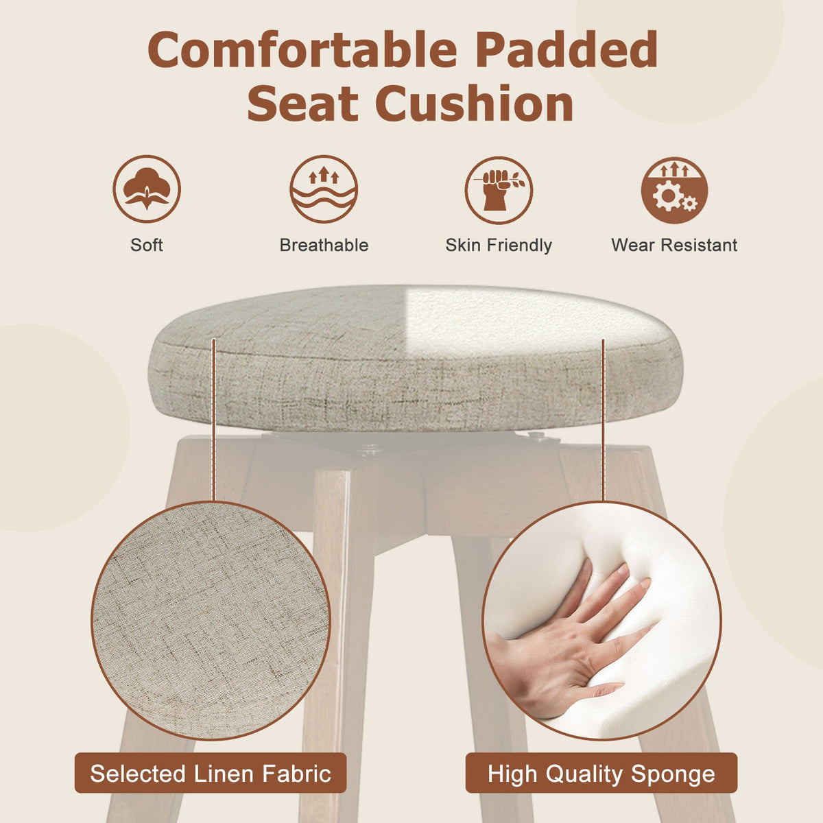 2 Pieces 26 Inch Backless Swivel Barstools with Linen Fabric Seat-Beige view 7