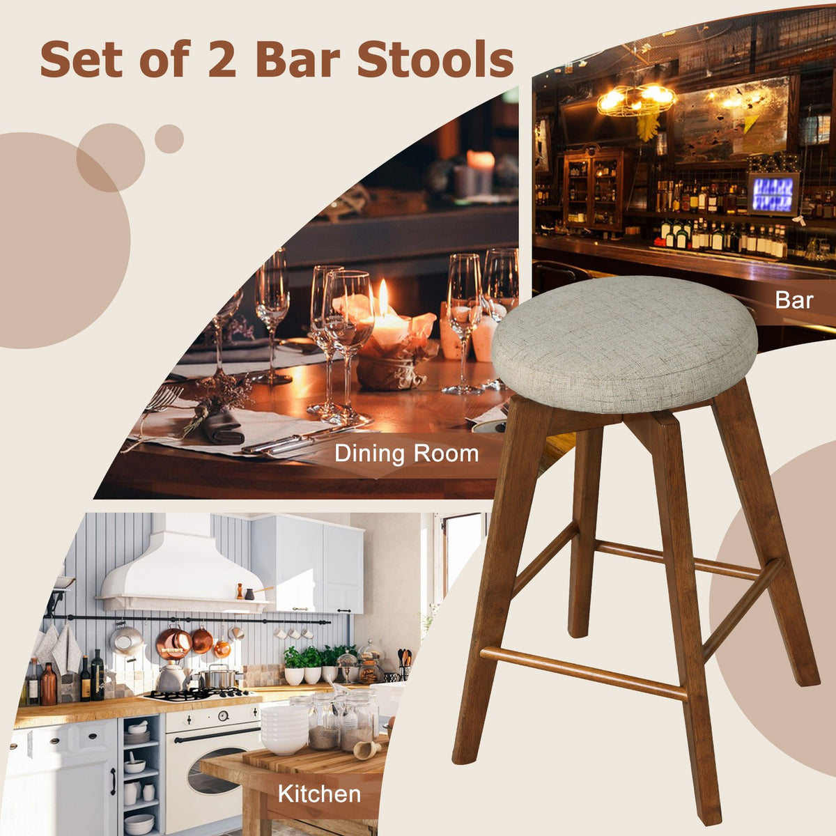 2 Pieces 26 Inch Backless Swivel Barstools with Linen Fabric Seat-Beige view 8