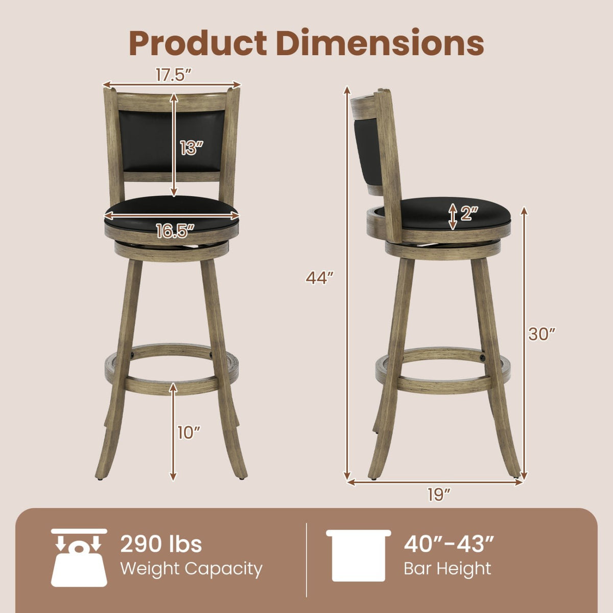 2 Pieces 29 Inch Wooden Swivel Height Bar Stool with PVC Cushioned Seat-Gray view 4