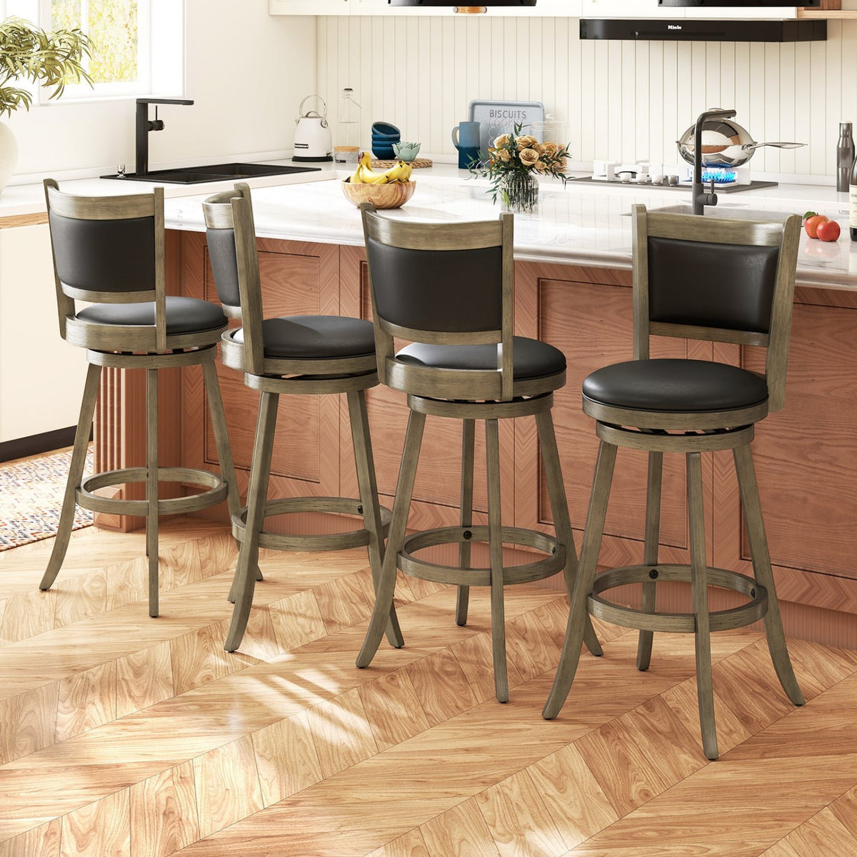2 Pieces 29 Inch Wooden Swivel Height Bar Stool with PVC Cushioned Seat-Gray view 5