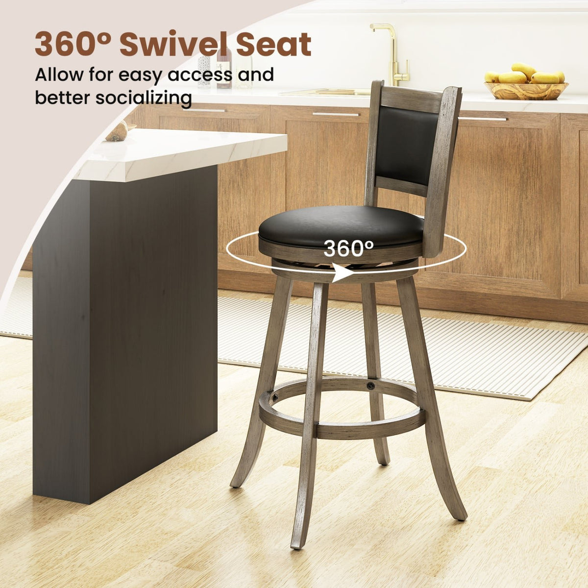 2 Pieces 29 Inch Wooden Swivel Height Bar Stool with PVC Cushioned Seat-Gray view 6