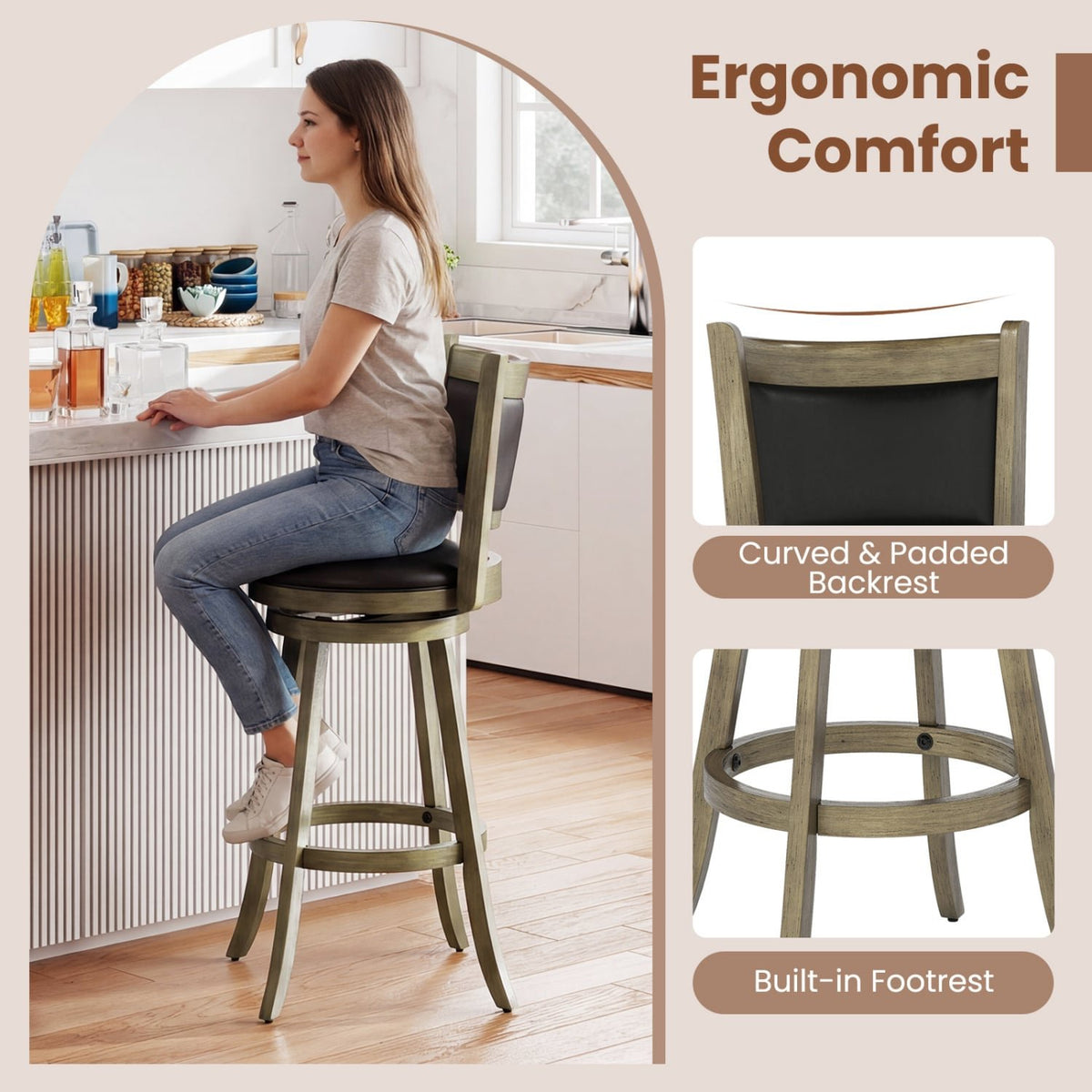 2 Pieces 29 Inch Wooden Swivel Height Bar Stool with PVC Cushioned Seat-Gray view 9