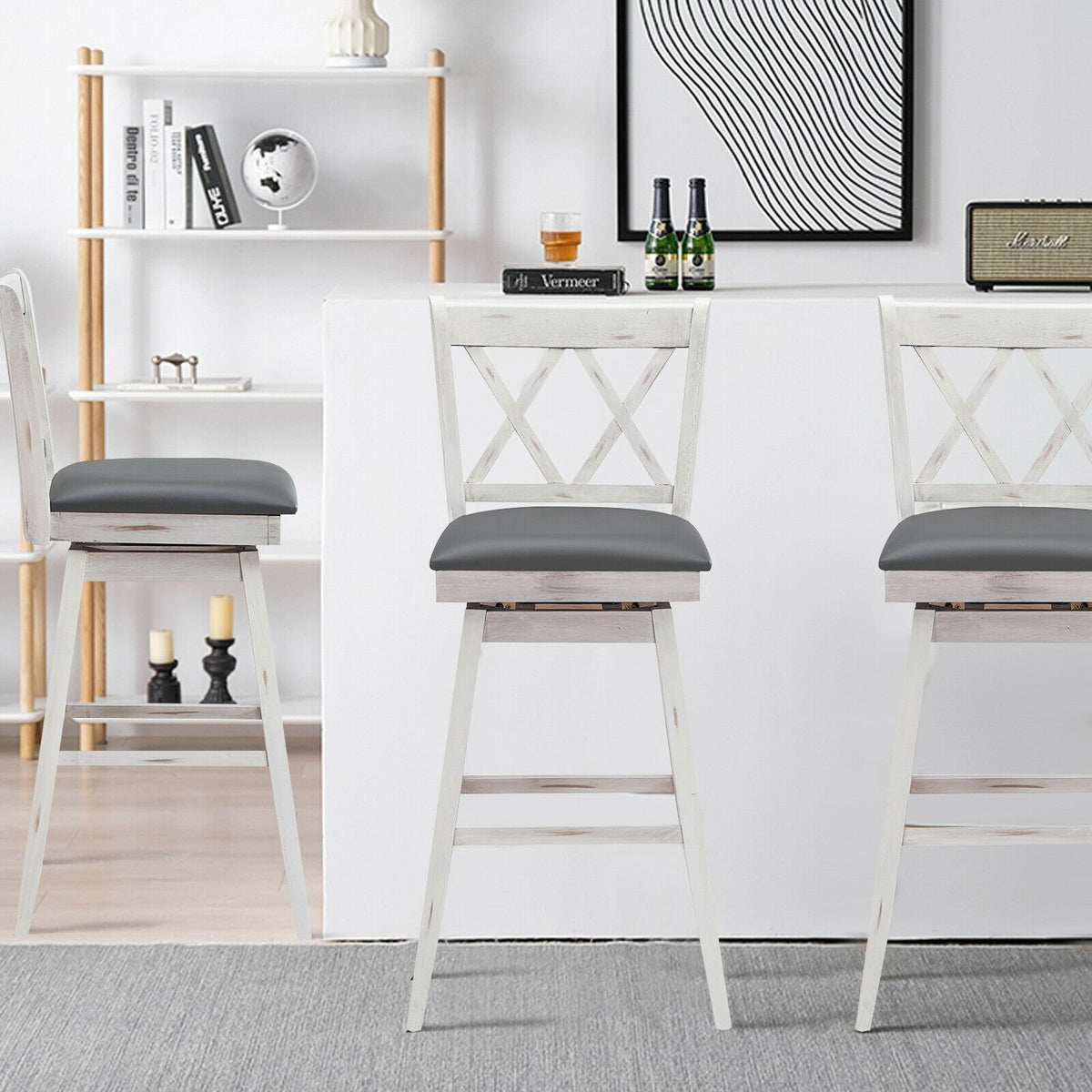 2 Pieces 29 Inches Swivel Counter Height Barstool Set with Rubber Wood Legs-White view 2