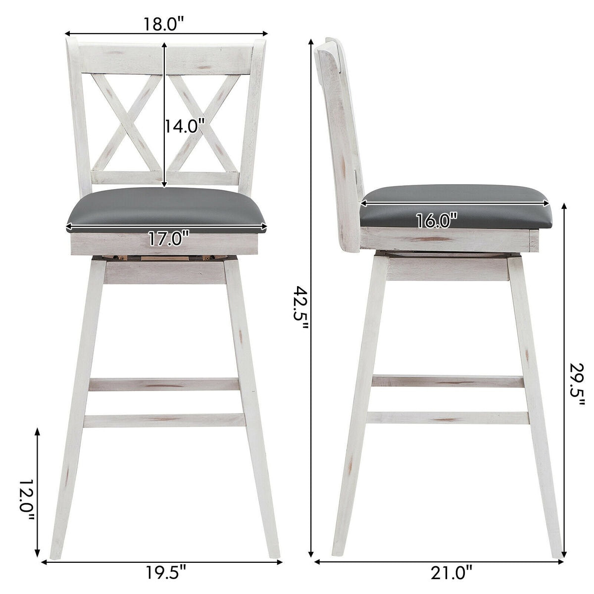 2 Pieces 29 Inches Swivel Counter Height Barstool Set with Rubber Wood Legs-White view 4