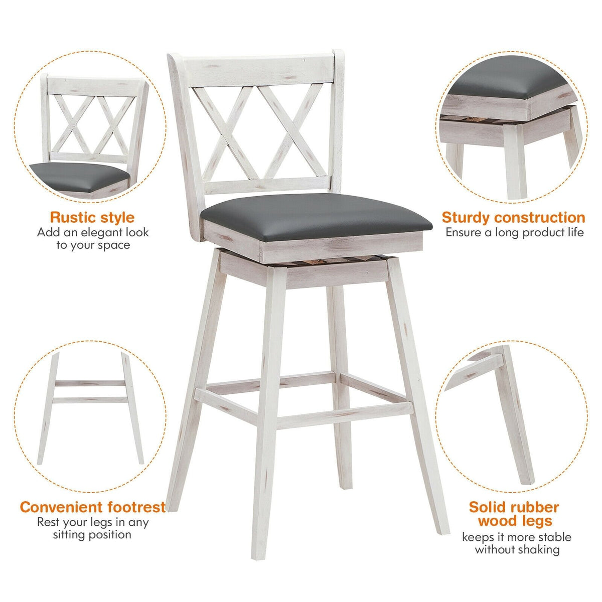 2 Pieces 29 Inches Swivel Counter Height Barstool Set with Rubber Wood Legs-White view 5