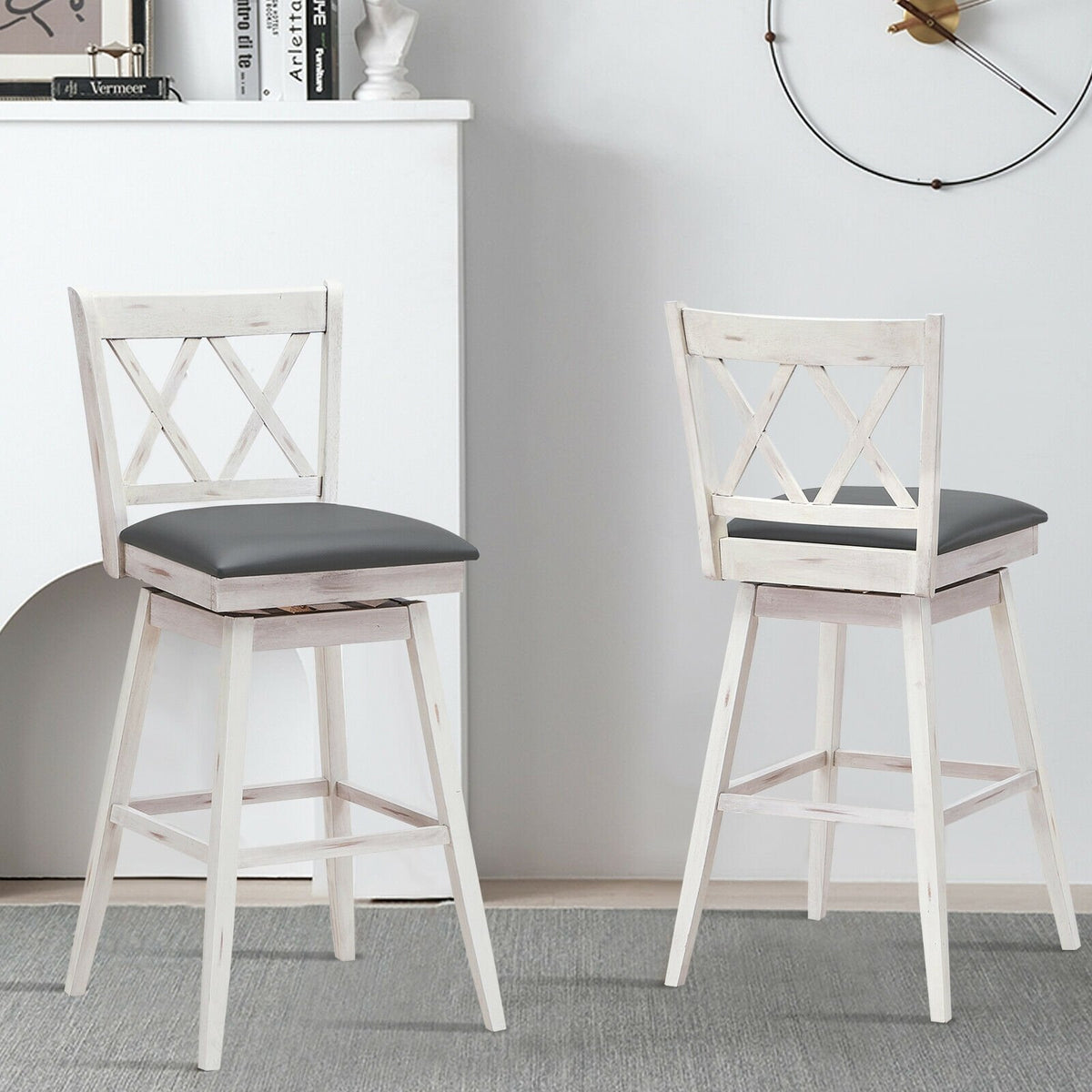 2 Pieces 29 Inches Swivel Counter Height Barstool Set with Rubber Wood Legs-White view 6