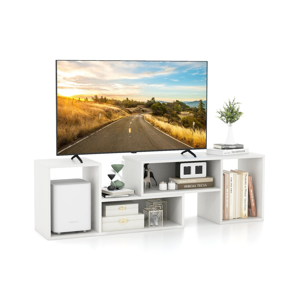 2 Pieces Adjustable TV Stand for TVs up to 55 Inch with Storage Cubes-White