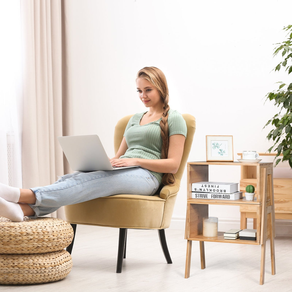 2 Pieces Bamboo Nightstand Sofa Table with Storage Shelf view 3