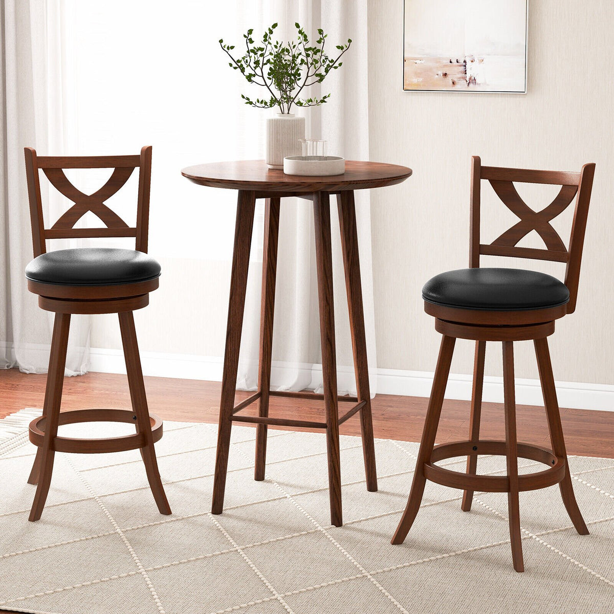 2 Pieces Classic Counter Height Swivel Bar Stool Set with X-shaped Open Back-L view 2