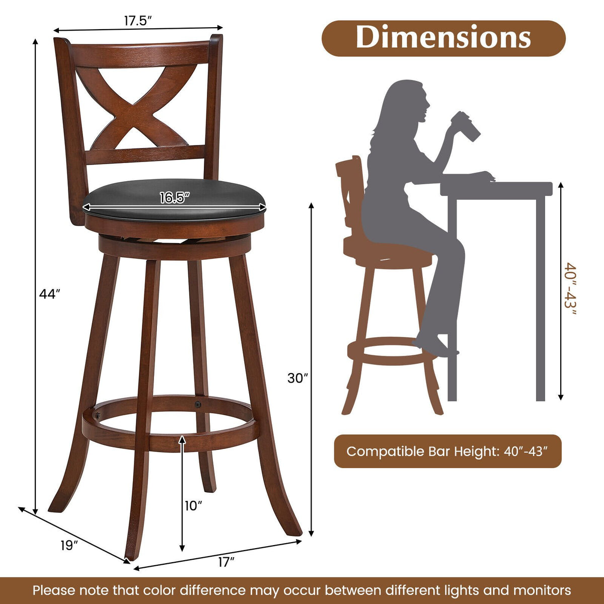 2 Pieces Classic Counter Height Swivel Bar Stool Set with X-shaped Open Back-L view 4
