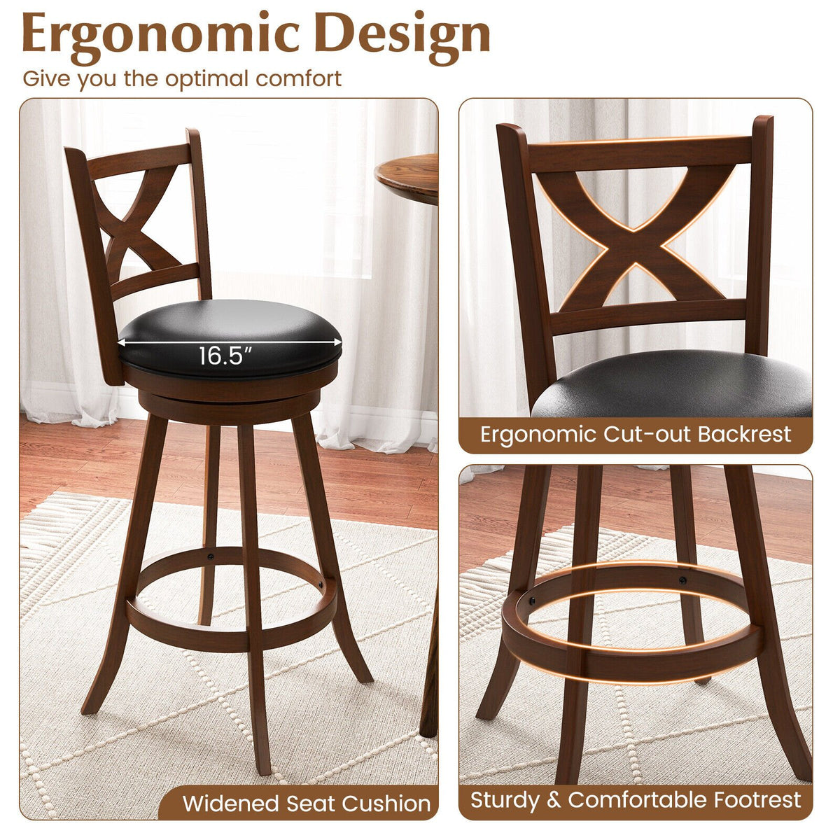 2 Pieces Classic Counter Height Swivel Bar Stool Set with X-shaped Open Back-L view 5