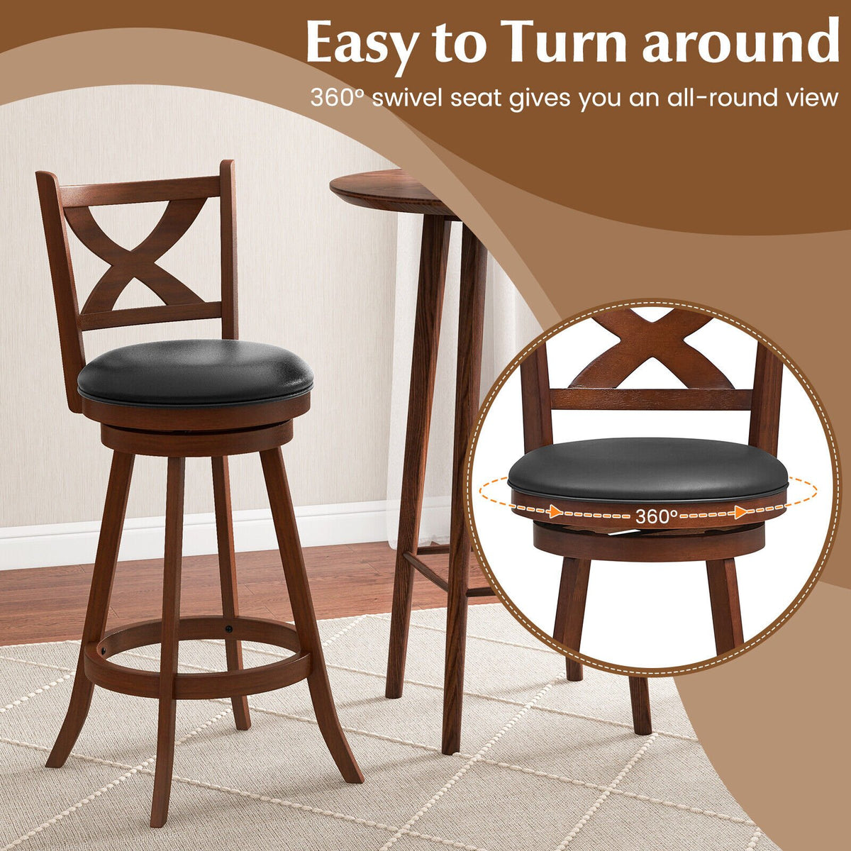 2 Pieces Classic Counter Height Swivel Bar Stool Set with X-shaped Open Back-L view 6