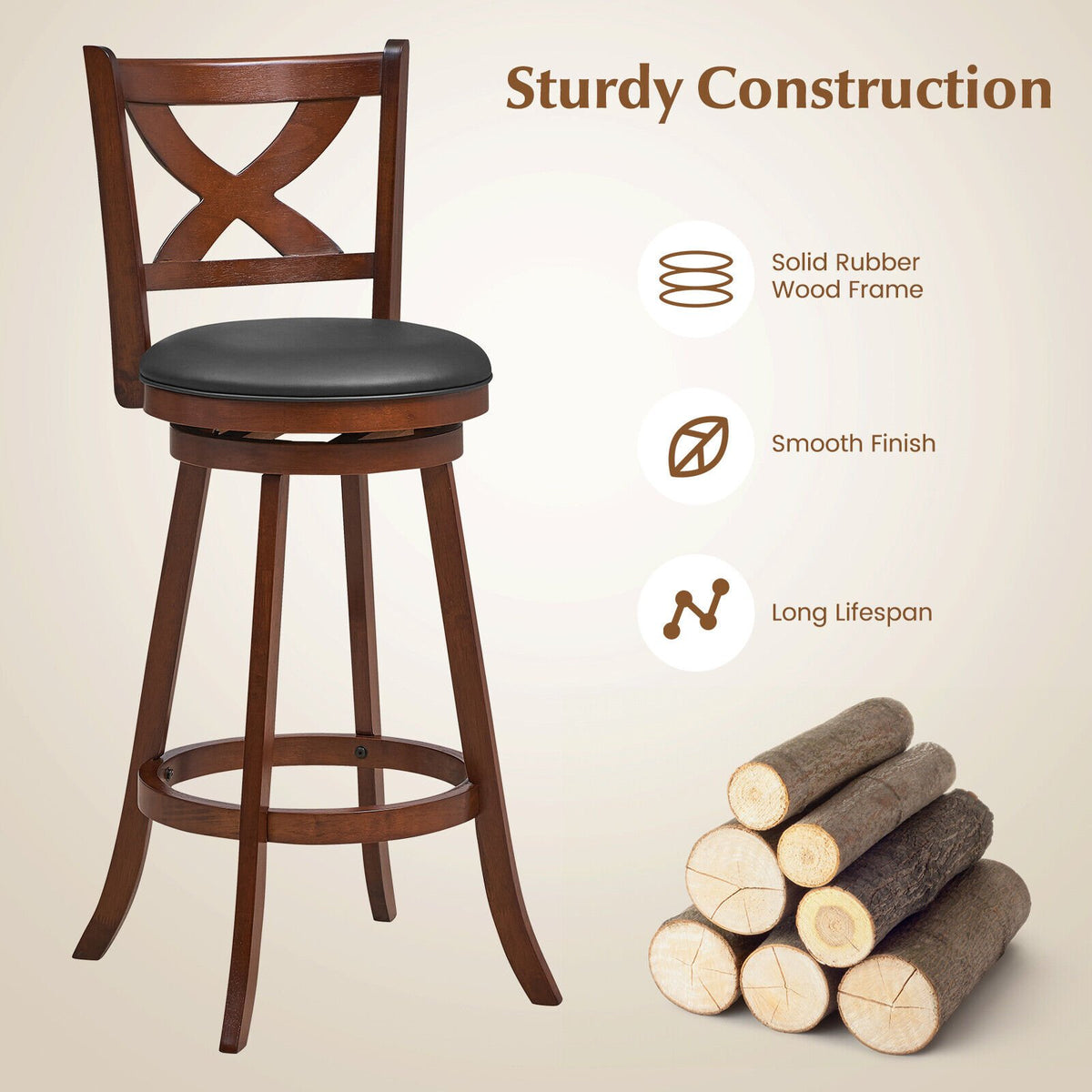 2 Pieces Classic Counter Height Swivel Bar Stool Set with X-shaped Open Back-L view 7
