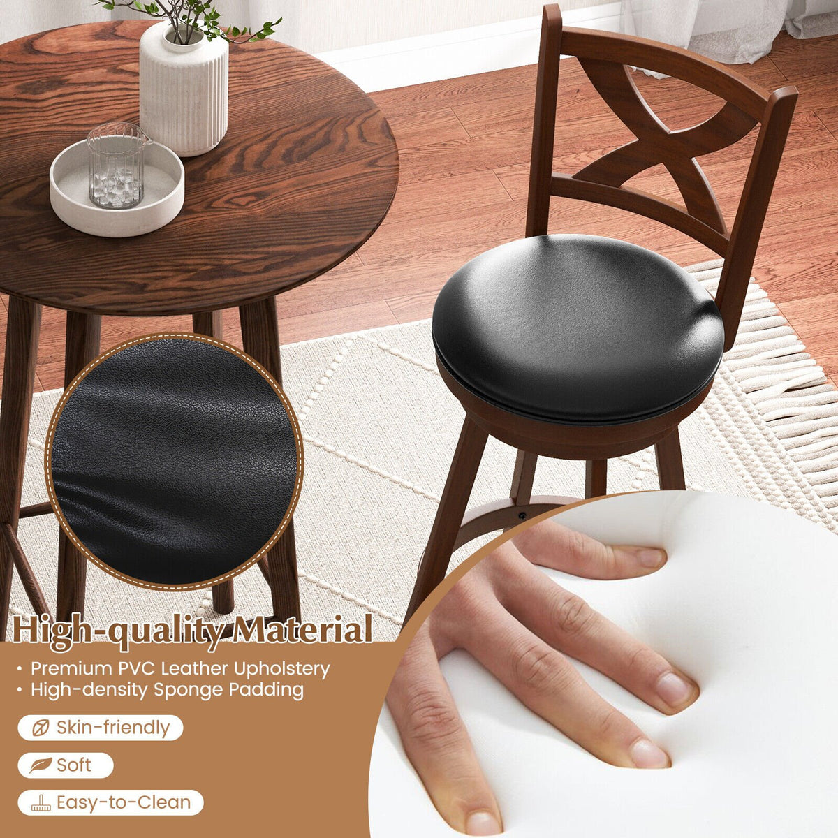 2 Pieces Classic Counter Height Swivel Bar Stool Set with X-shaped Open Back-L view 8