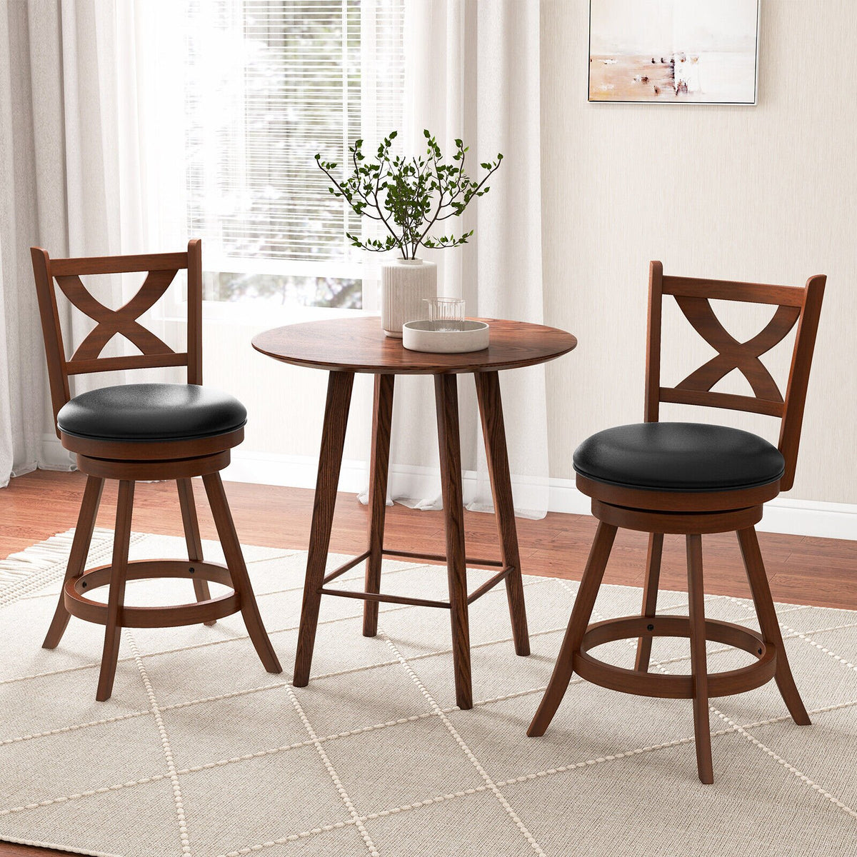 2 Pieces Classic Counter Height Swivel Bar Stool Set with X-shaped Open Back-M view 2