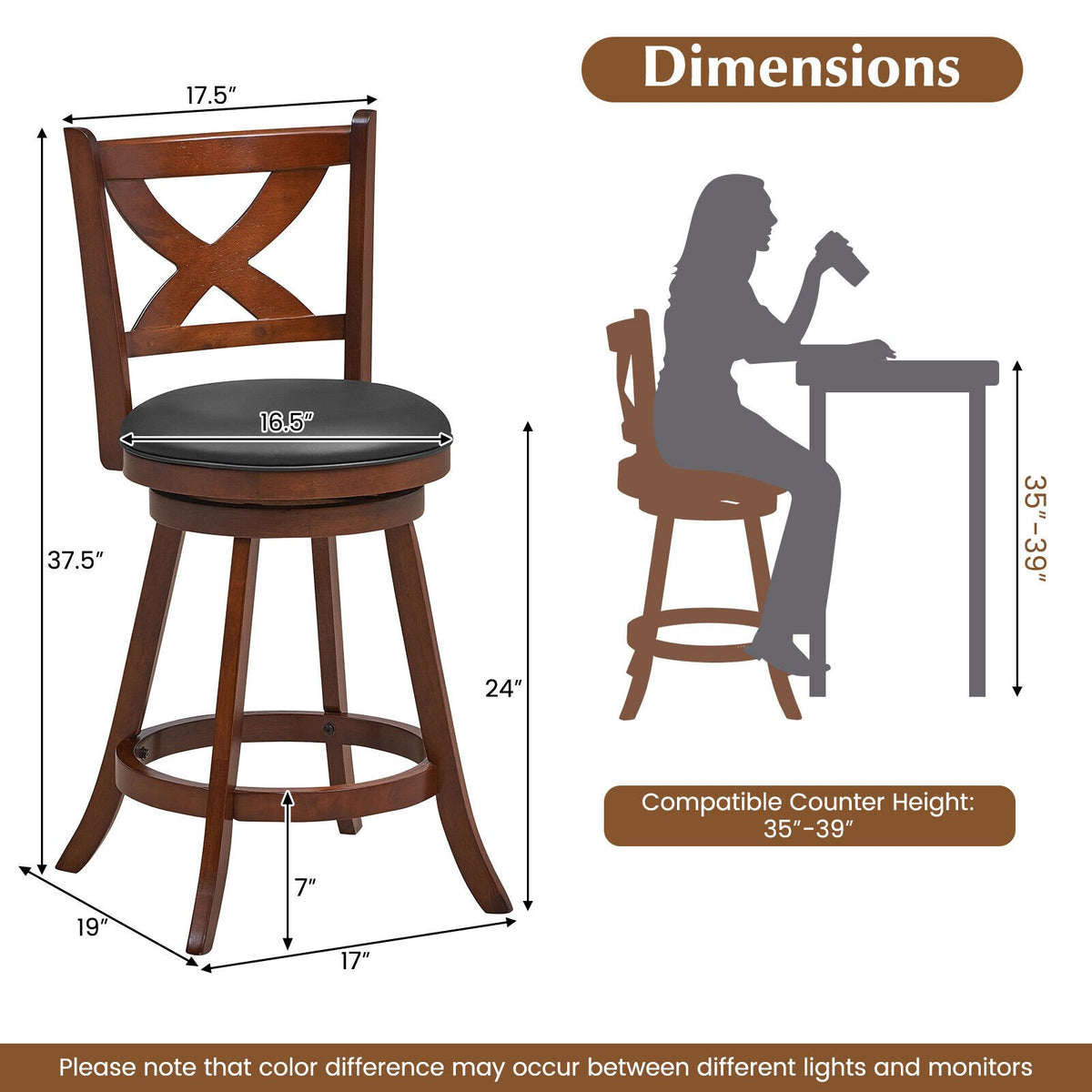 2 Pieces Classic Counter Height Swivel Bar Stool Set with X-shaped Open Back-M view 4