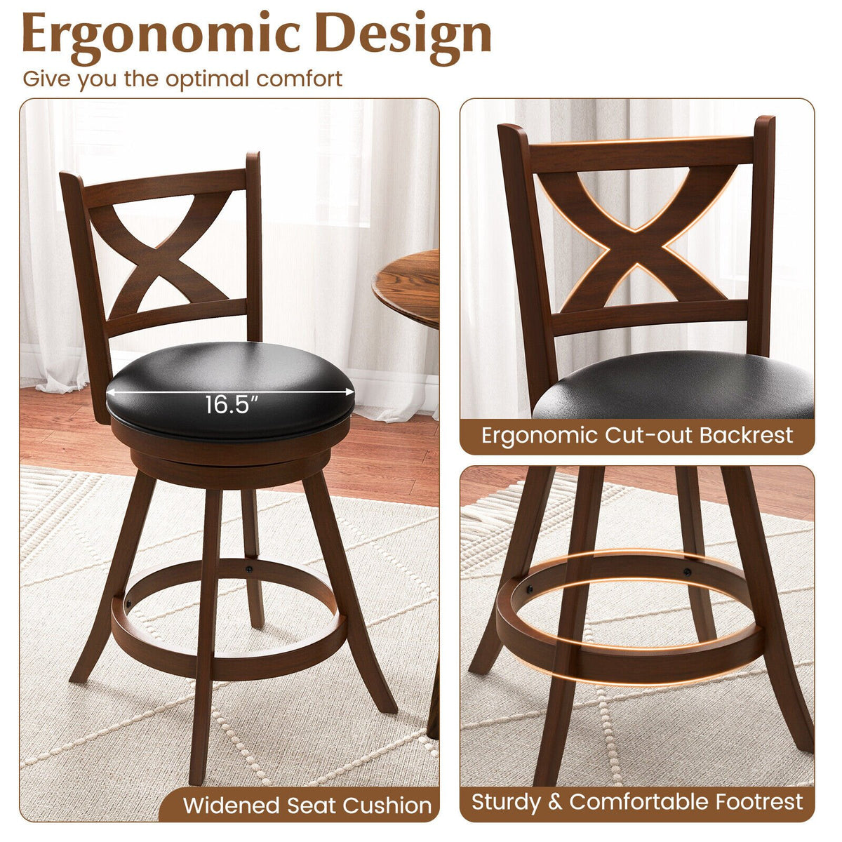 2 Pieces Classic Counter Height Swivel Bar Stool Set with X-shaped Open Back-M view 5