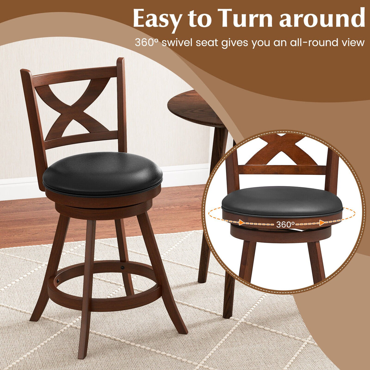 2 Pieces Classic Counter Height Swivel Bar Stool Set with X-shaped Open Back-M view 6