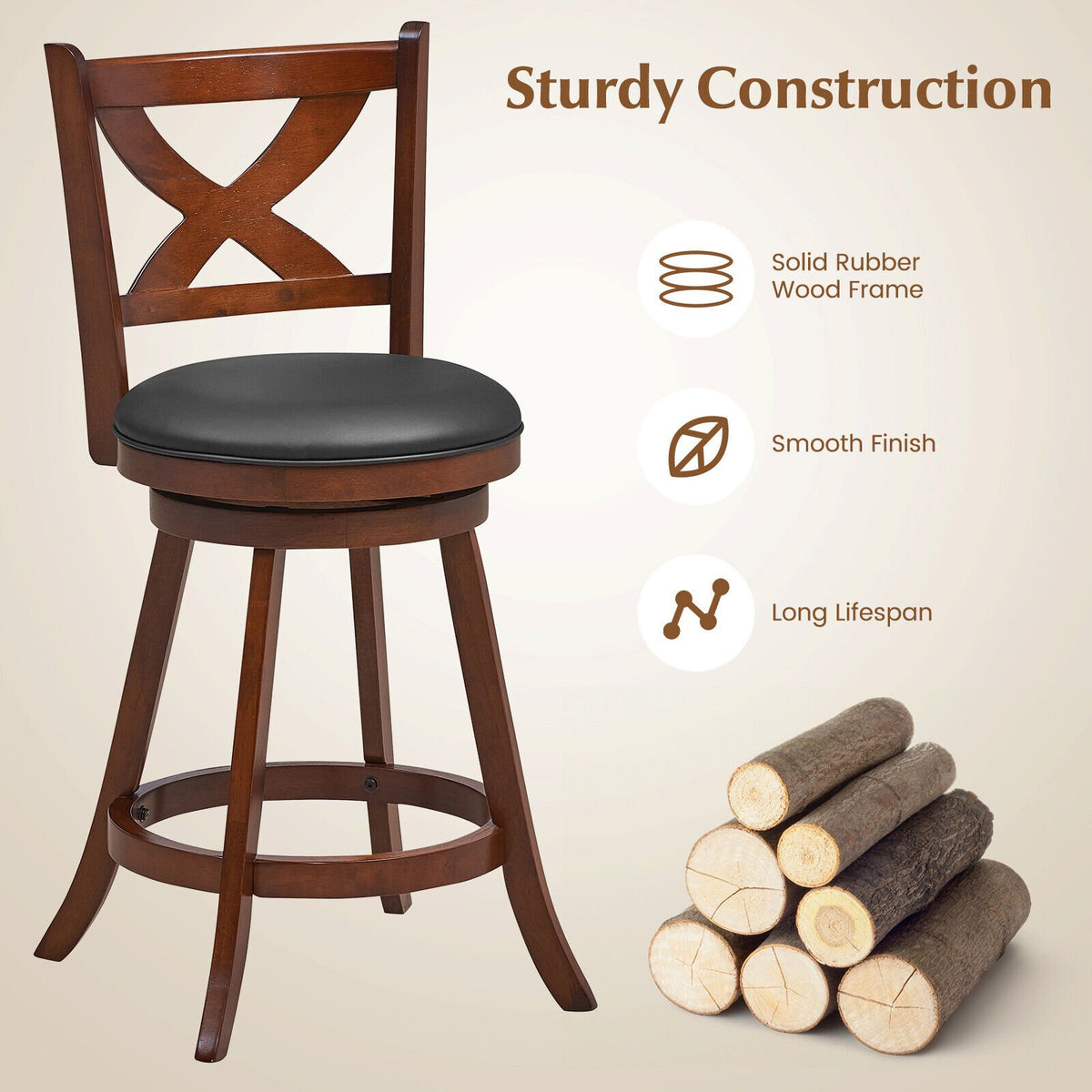 2 Pieces Classic Counter Height Swivel Bar Stool Set with X-shaped Open Back-M view 7