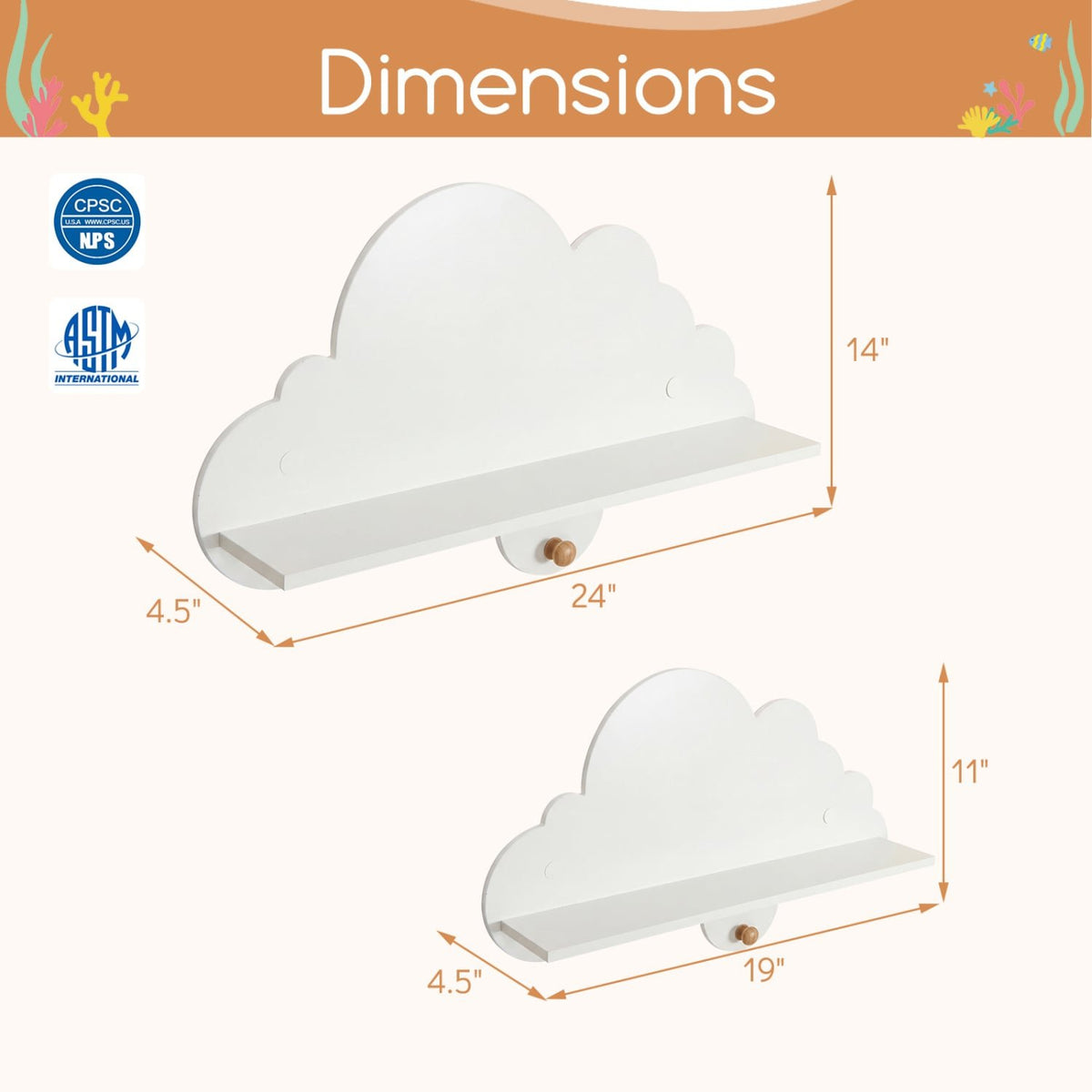 2 Pieces Floating Cloud Shelves Wall Mounted Storage Display Rack-White view 5
