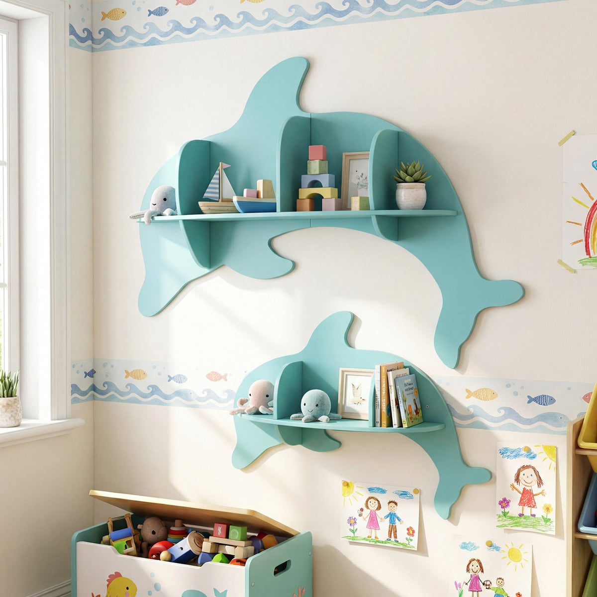 Floating Dolphin Shelves Wall Mounted Storage Display Rack-Blue view 3