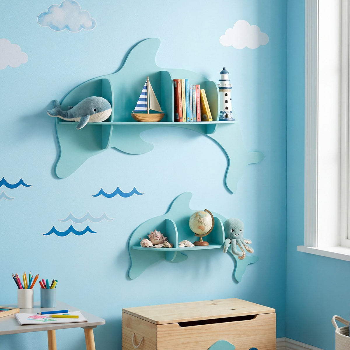 Floating Dolphin Shelves Wall Mounted Storage Display Rack-Blue view 5