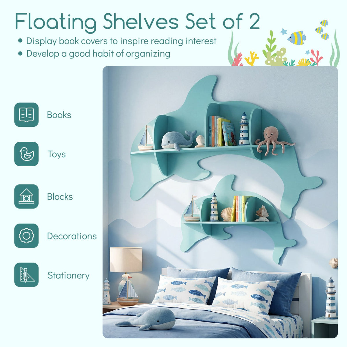 Floating Dolphin Shelves Wall Mounted Storage Display Rack-Blue view 6