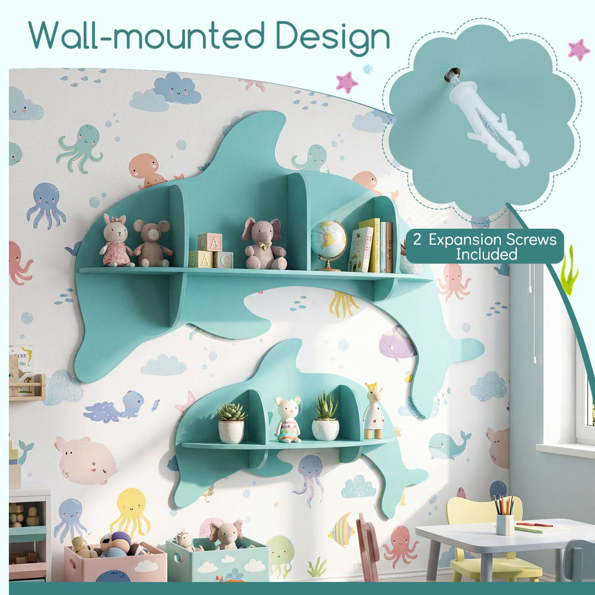 Floating Dolphin Shelves Wall Mounted Storage Display Rack-Blue view 7