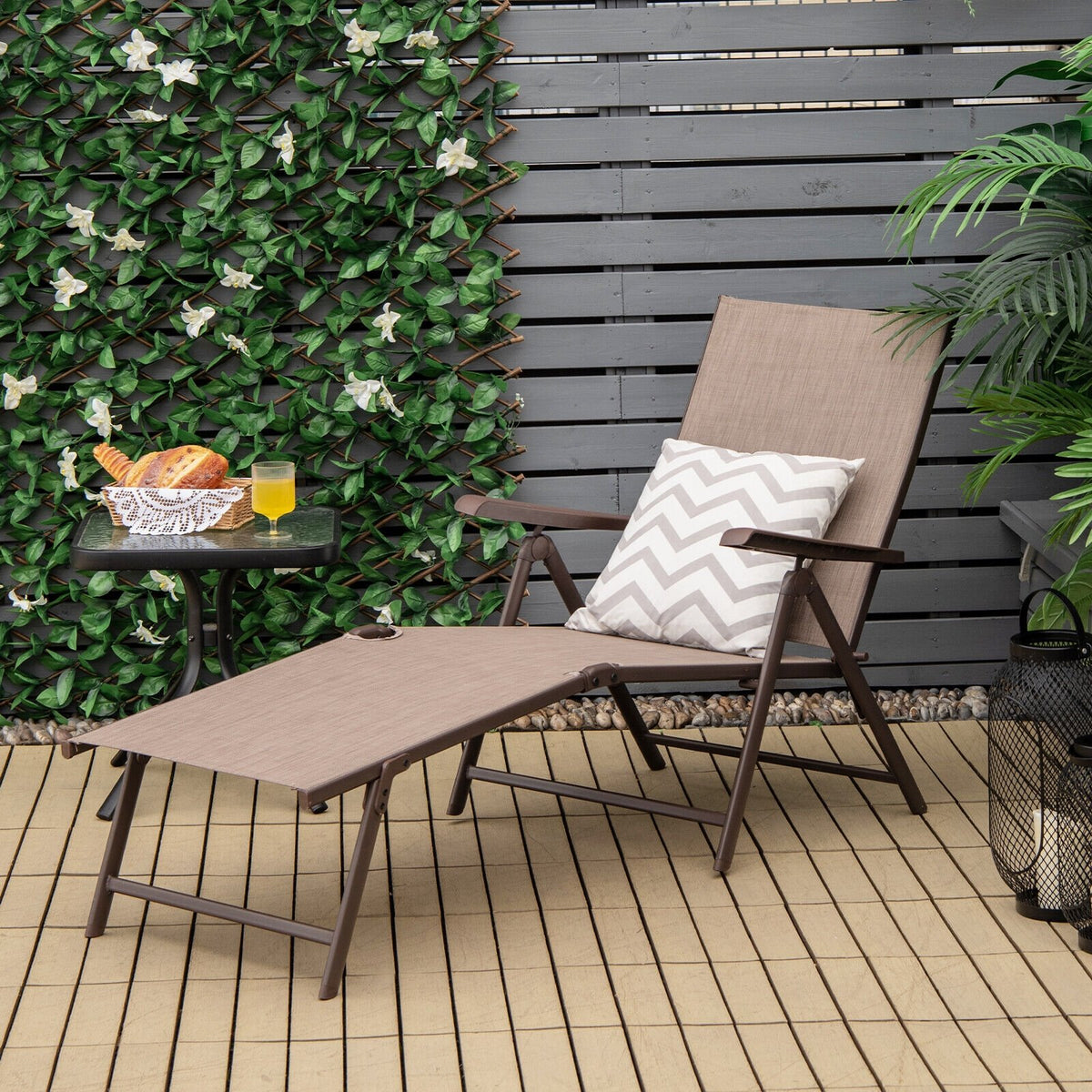 2 Pieces Foldable Chaise Lounge Chair with 2-Position Footrest-Brown view 2