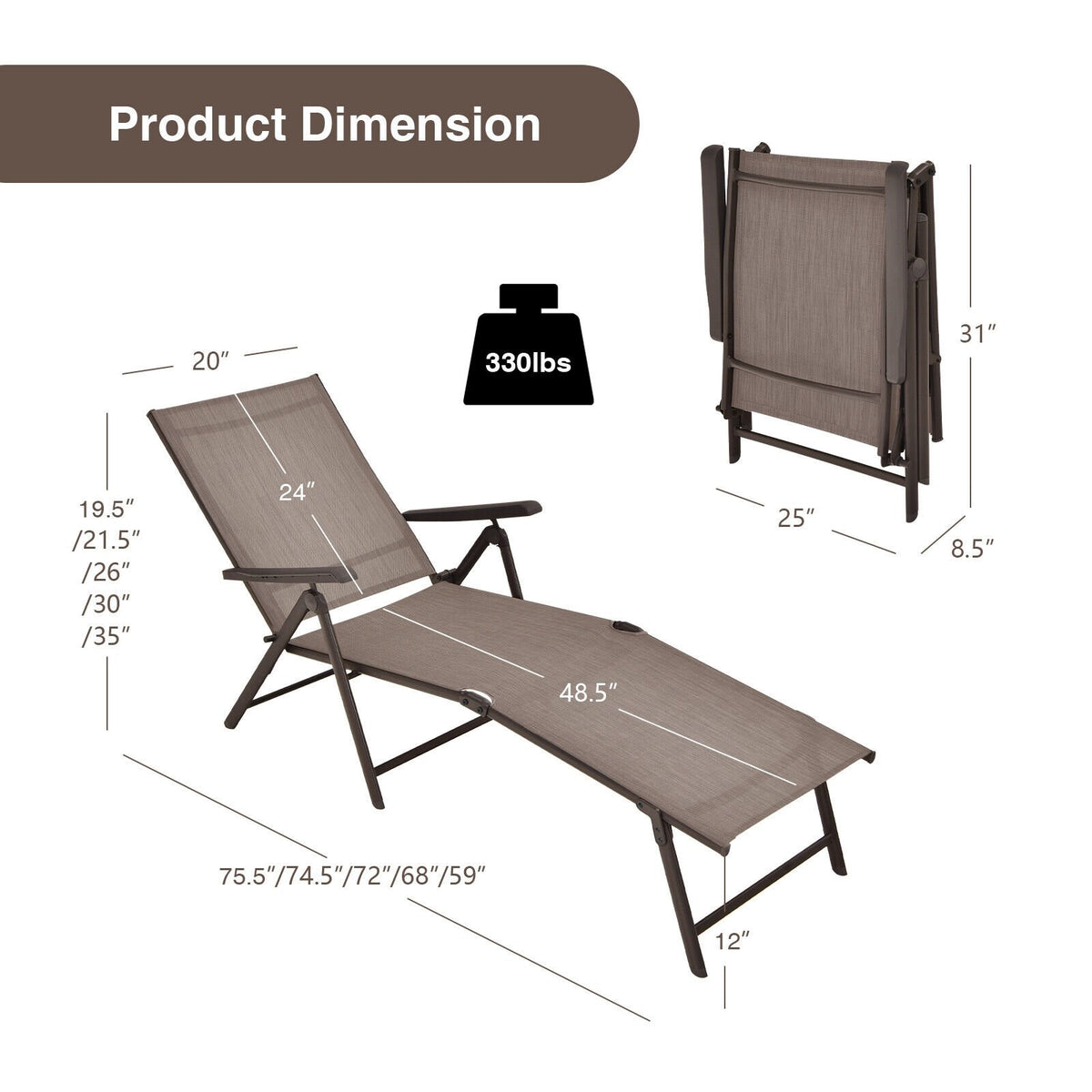 2 Pieces Foldable Chaise Lounge Chair with 2-Position Footrest-Brown view 4