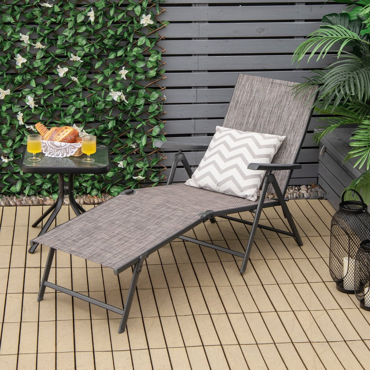 2 Pieces Foldable Chaise Lounge Chair with 2-Position Footrest-Gray view 2