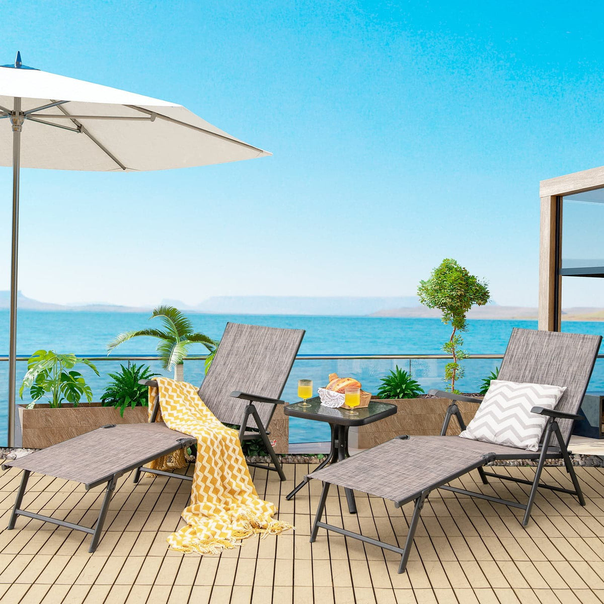2 Pieces Foldable Chaise Lounge Chair with 2-Position Footrest-Gray view 3