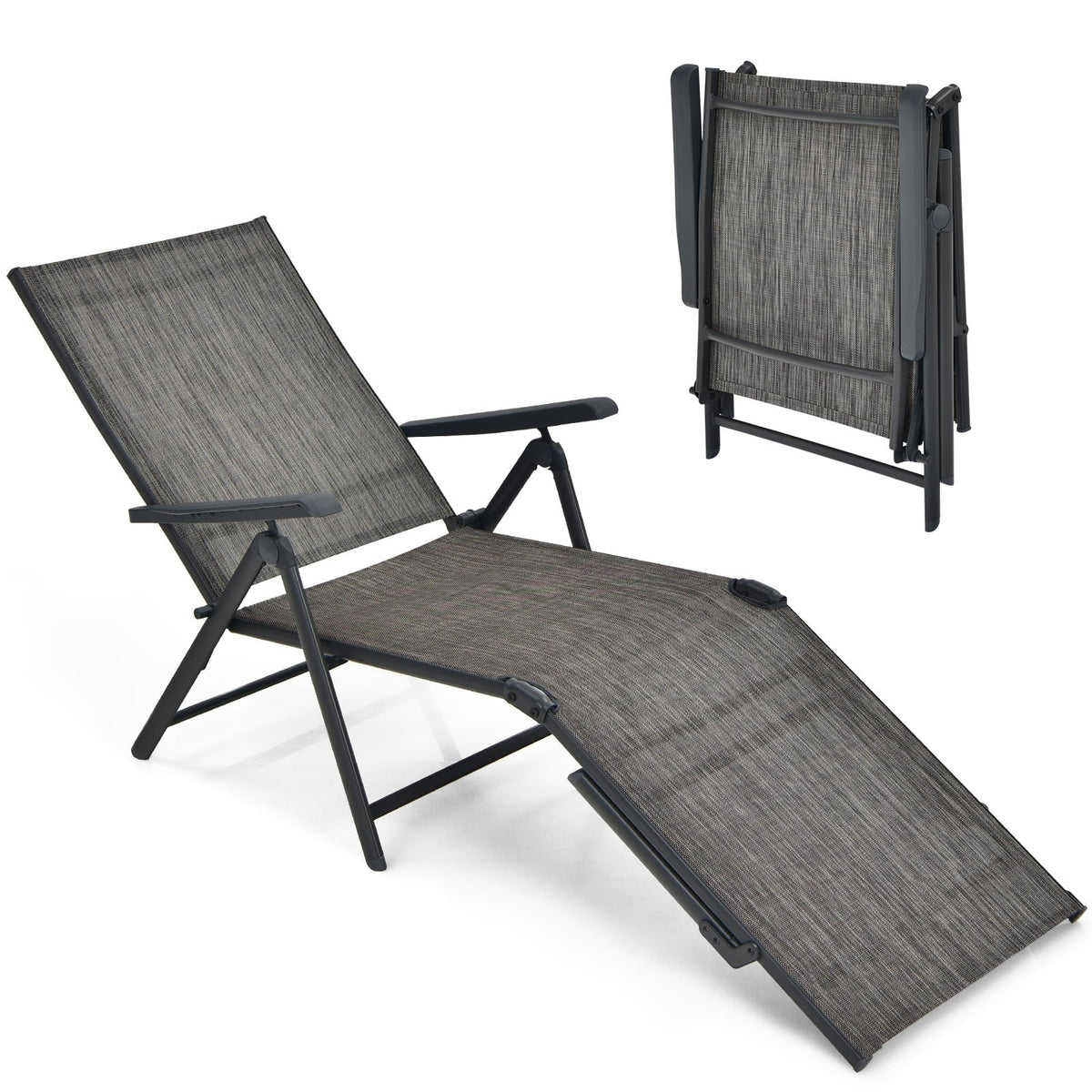 2 Pieces Foldable Chaise Lounge Chair with 2-Position Footrest-Gray view 4