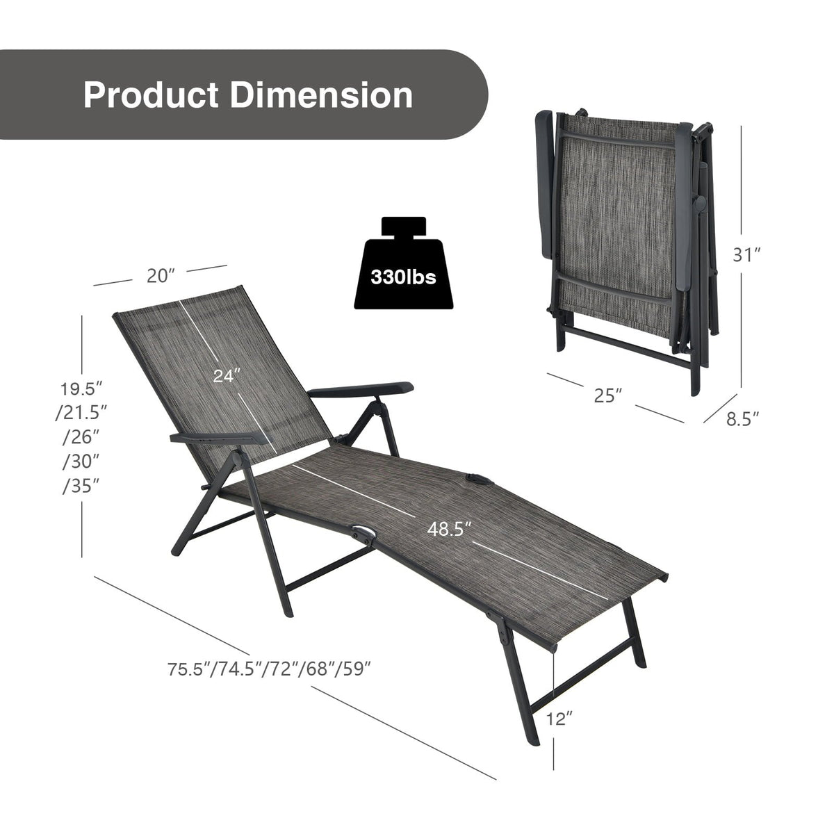 2 Pieces Foldable Chaise Lounge Chair with 2-Position Footrest-Gray view 5
