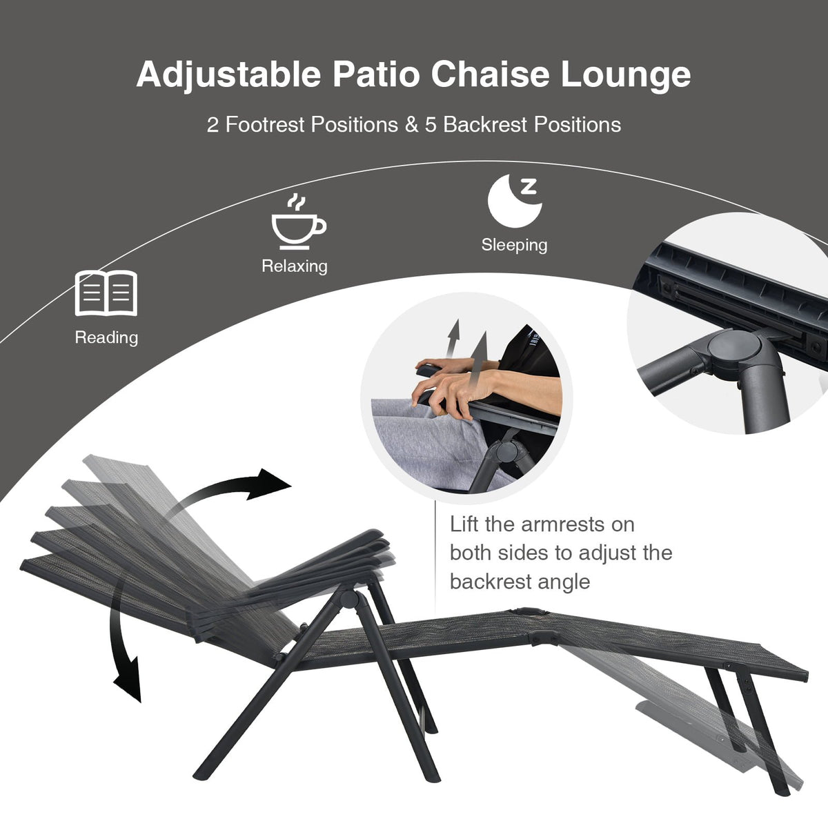 2 Pieces Foldable Chaise Lounge Chair with 2-Position Footrest-Gray view 6