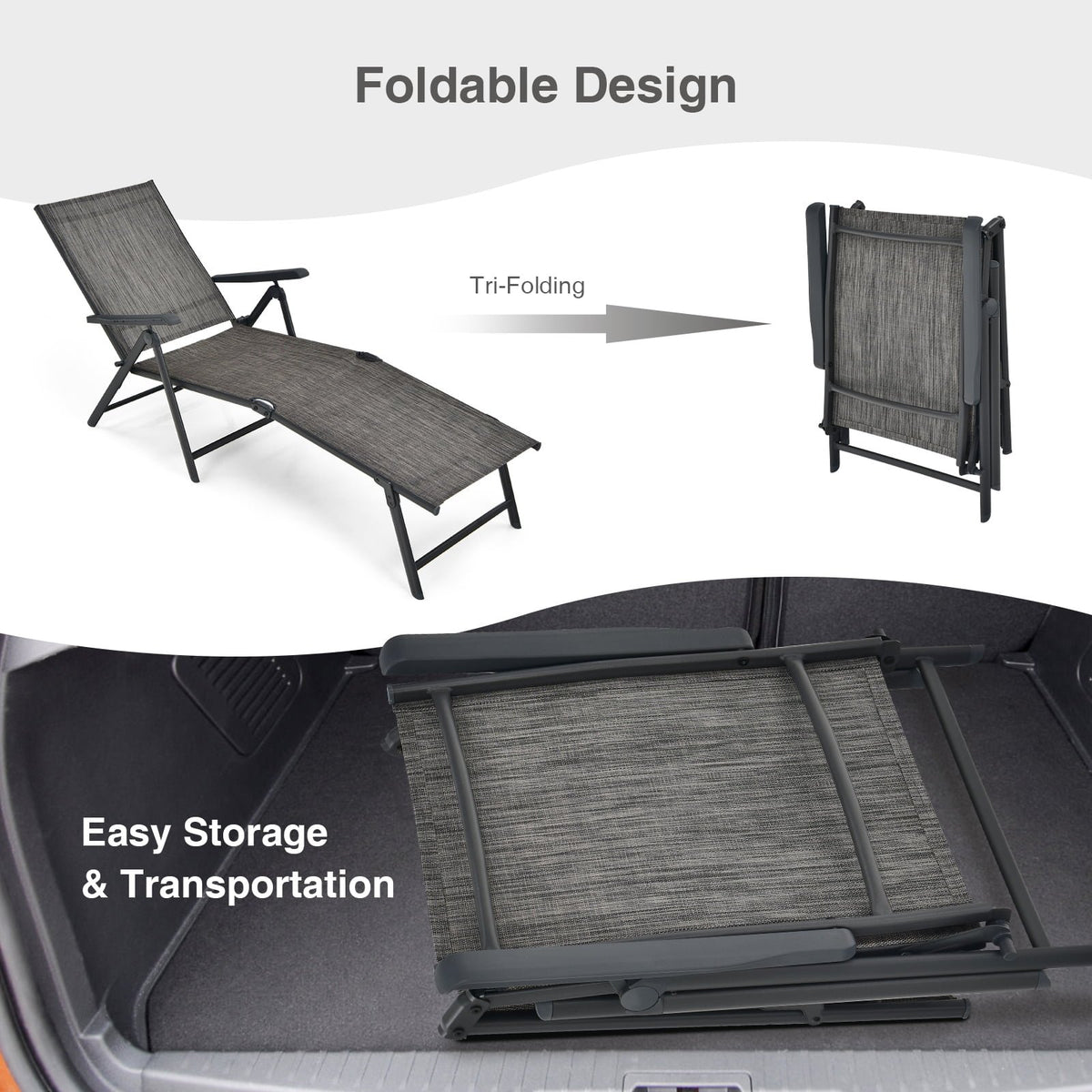 2 Pieces Foldable Chaise Lounge Chair with 2-Position Footrest-Gray view 9