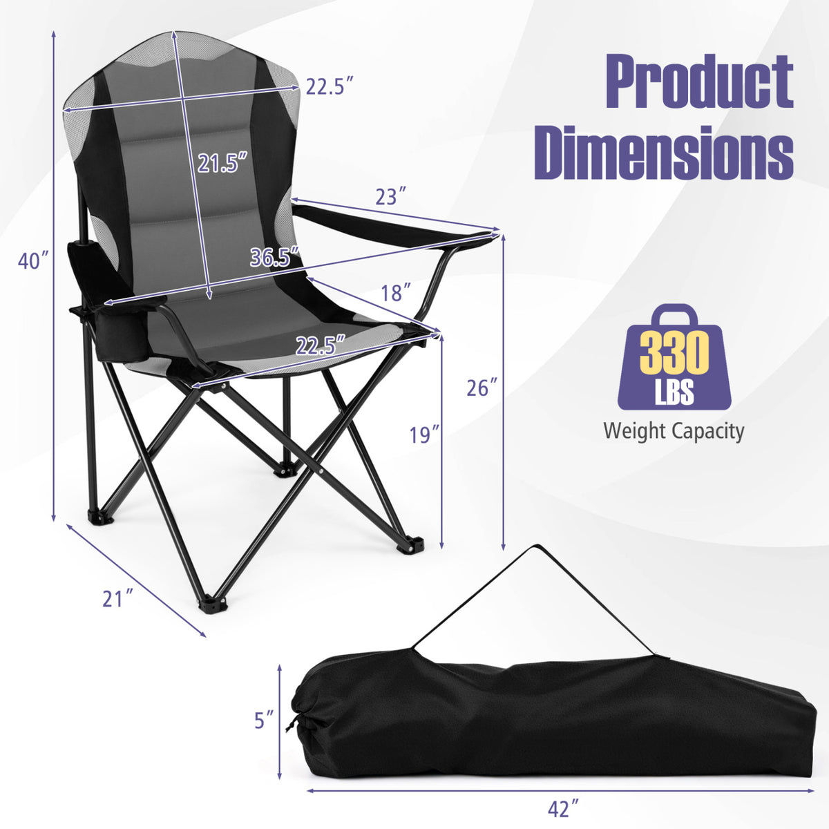 2 Pieces Folding Camping Chairs for Adults with Cup Holders-Black view 3