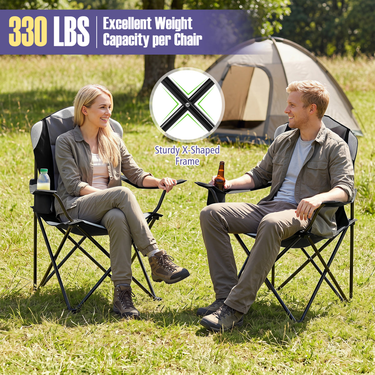2 Pieces Folding Camping Chairs for Adults with Cup Holders-Black view 4