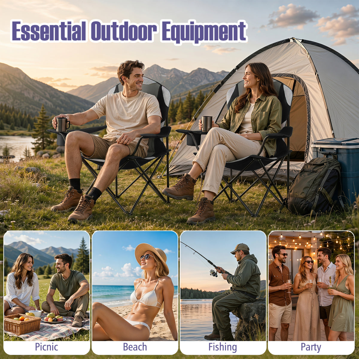 2 Pieces Folding Camping Chairs for Adults with Cup Holders-Black view 9