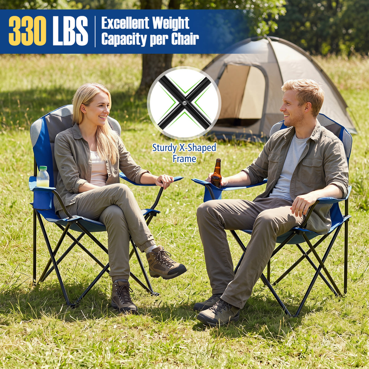 2 Pieces Folding Camping Chairs for Adults with Cup Holders-Navy view 4