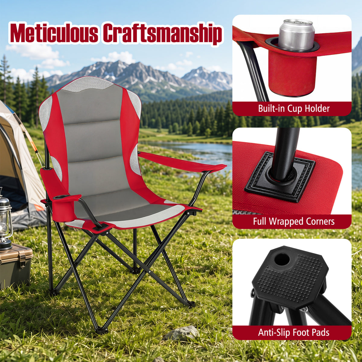 2 Pieces Folding Camping Chairs for Adults with Cup Holders-Red view 4
