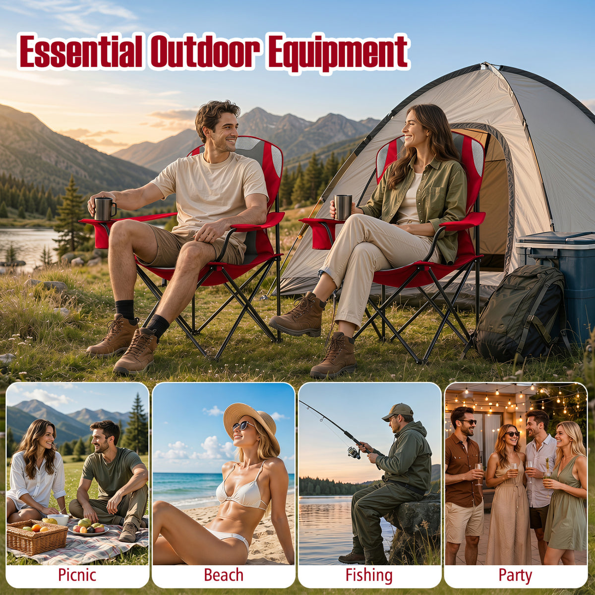 2 Pieces Folding Camping Chairs for Adults with Cup Holders-Red view 5