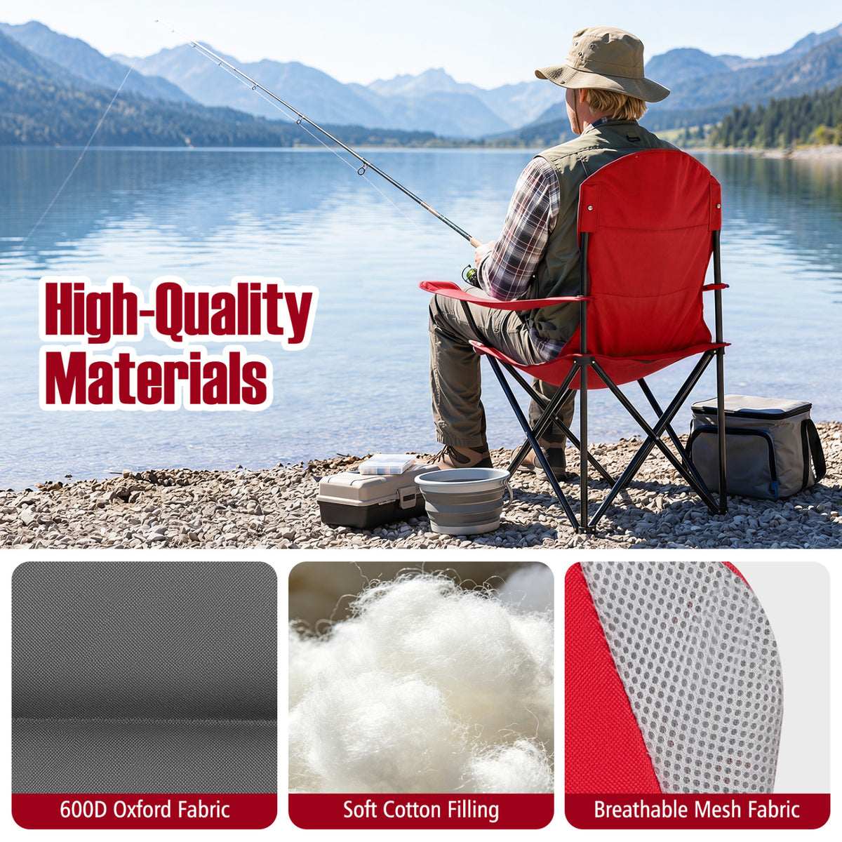2 Pieces Folding Camping Chairs for Adults with Cup Holders-Red view 7