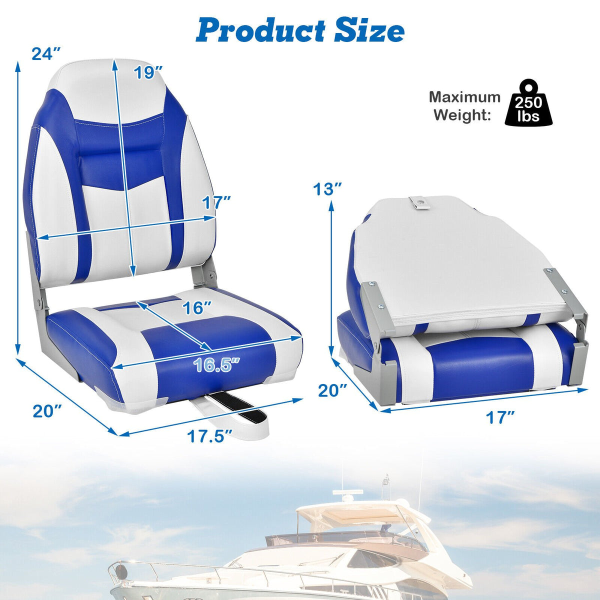 2 Pieces High Back Folding Boat Seat Set with Sponge Cushion-Blue view 5