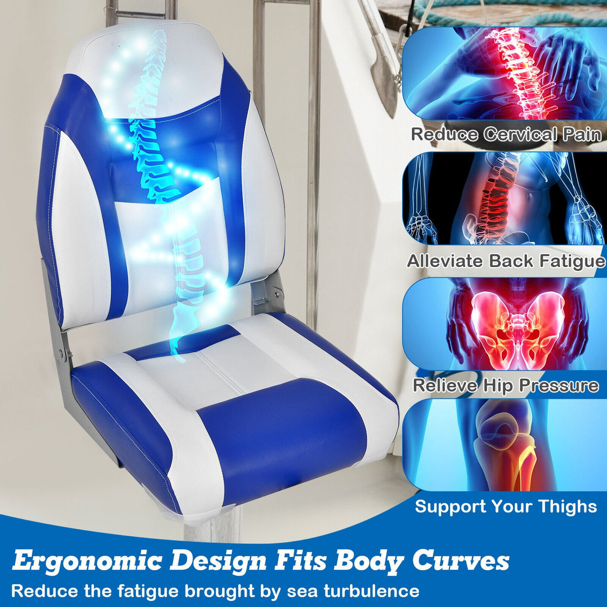 2 Pieces High Back Folding Boat Seat Set with Sponge Cushion-Blue view 6