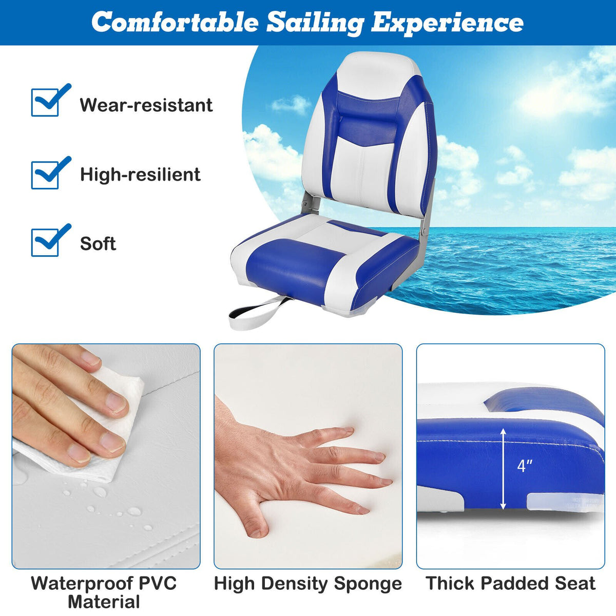 2 Pieces High Back Folding Boat Seat Set with Sponge Cushion-Blue view 8